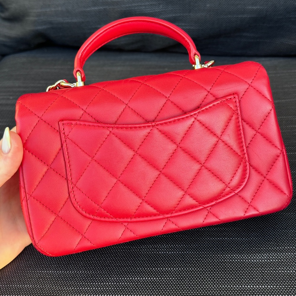 ❤️CHANEL❤️Mini Rectangular Top Handle Red Lambskin Flap Bag LGHW - Picture 3 of 14